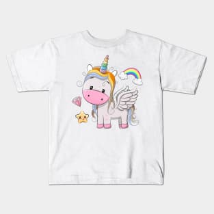 Cute baby Pegasus unicorn with a rainbow. Kids T-Shirt